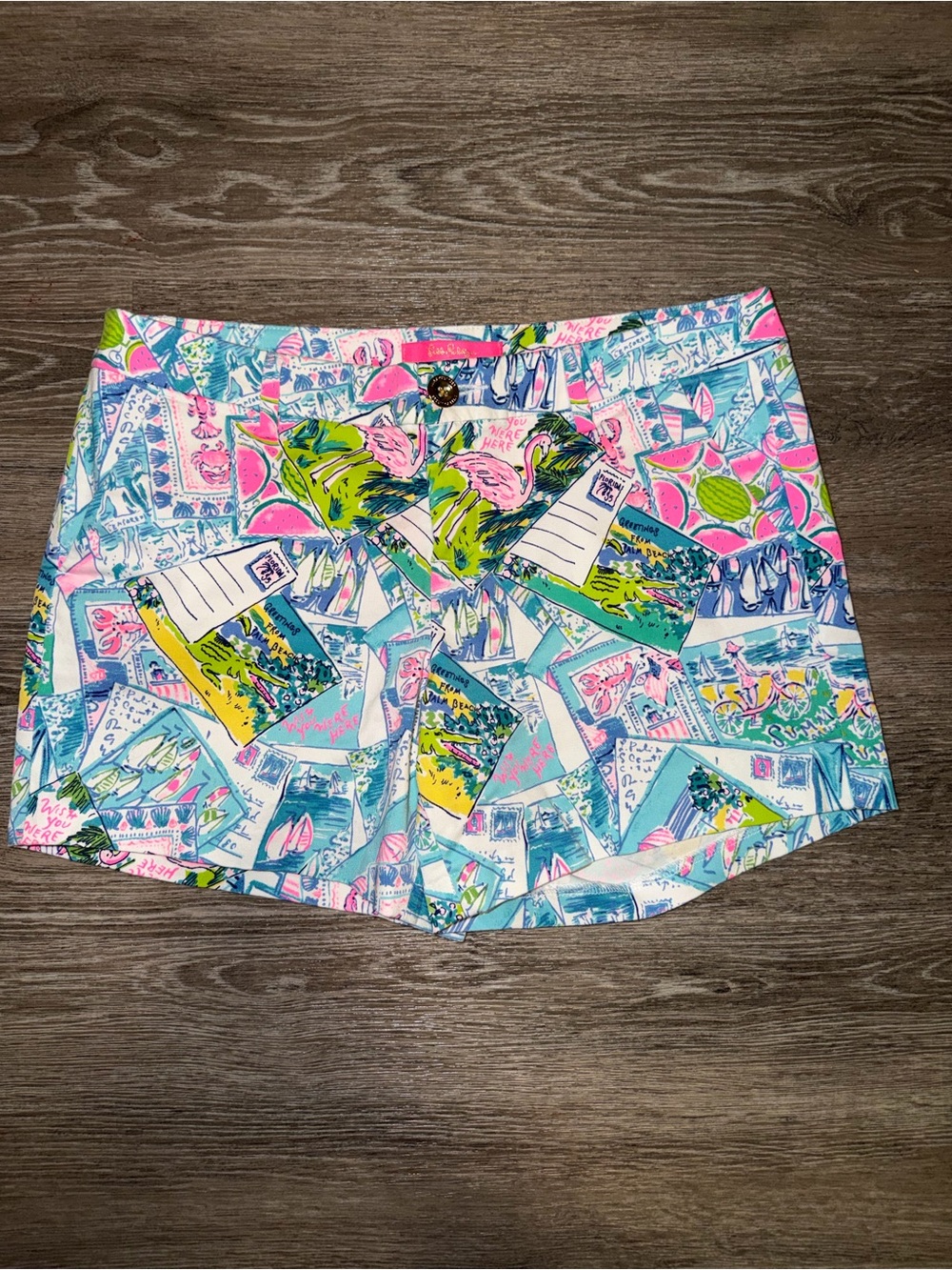 NWT Lilly Pulitzer Blue & Pink Postcard-Print Callahan Stretch Shorts